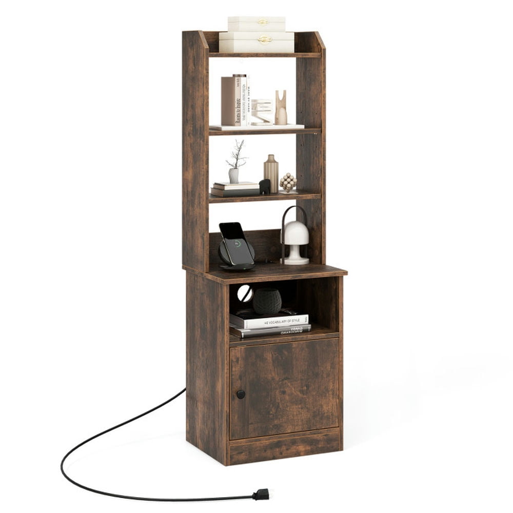 Finihen 6-Tier Bookshelf with Charging Station and Cabinet, Wood Free Standing Bookcase with 5 Open Shelf, Brown Finihen 6-Tier Bookshelf with Charging Station and Cabinet, Wood Free Standing Bookcase with 5 Open Shelf, Brown