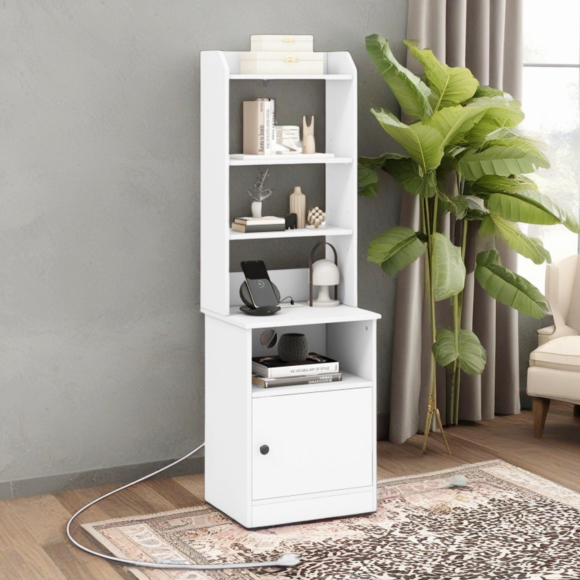 Demi Bonn 6-Tier Bookshelf with Charging Station and Cabinet, Wood Free Standing Bookcase with 5 Open Shelf, White