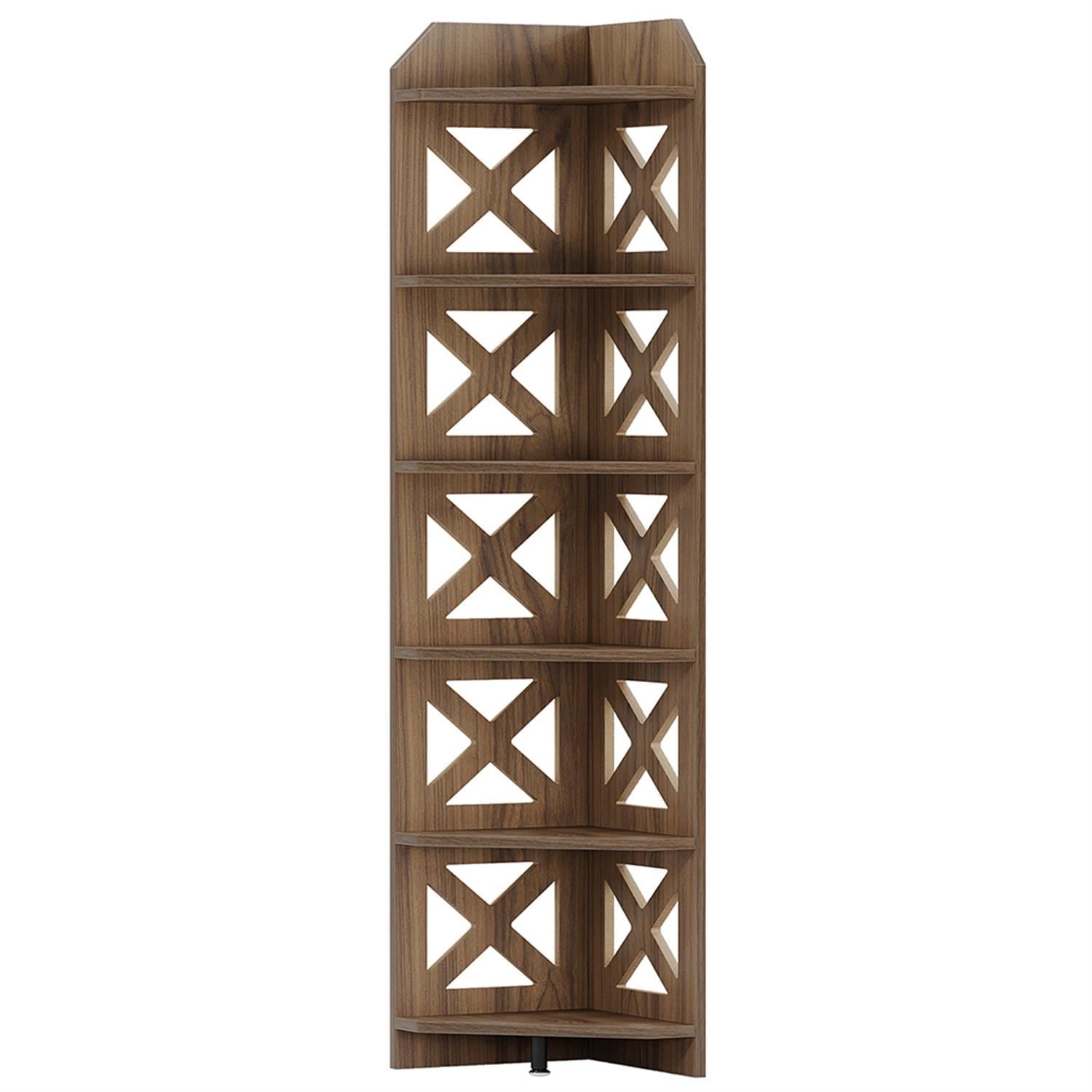 Demi Bonn 6 Tier Corner Bookcase, Wood Bookshelf Storage Organizer, 71" Tall Display Standing Shelf Unit for Bedroom, Living Room, Brown