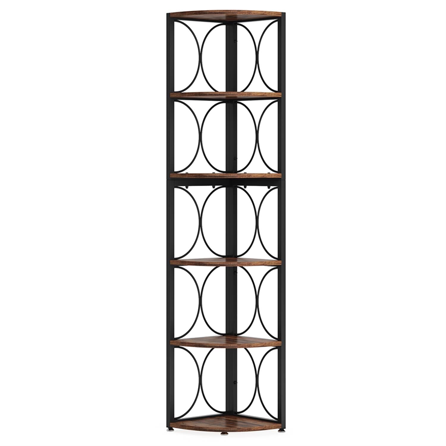 Demi Bonn 6 Tier Corner Bookshelf, Wood and Metal Bookcase Storage Organizer, 67" Talldustrial Display Standing Shelf Unit for Bedroom, Living Room, Brown