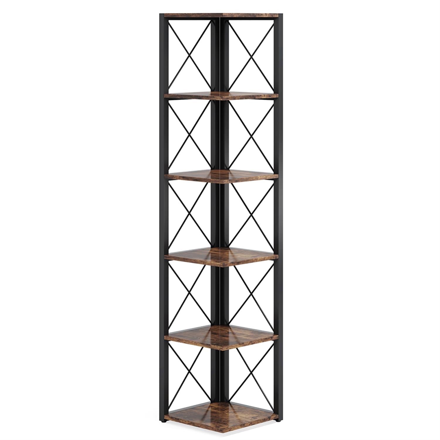 Demi Bonn 6-Tier Corner Bookshelf, Wood and Metal Bookcase Storage Organizer, 70" Tall Display Standing Shelf Unit for Bedroom, Living Room, Brown