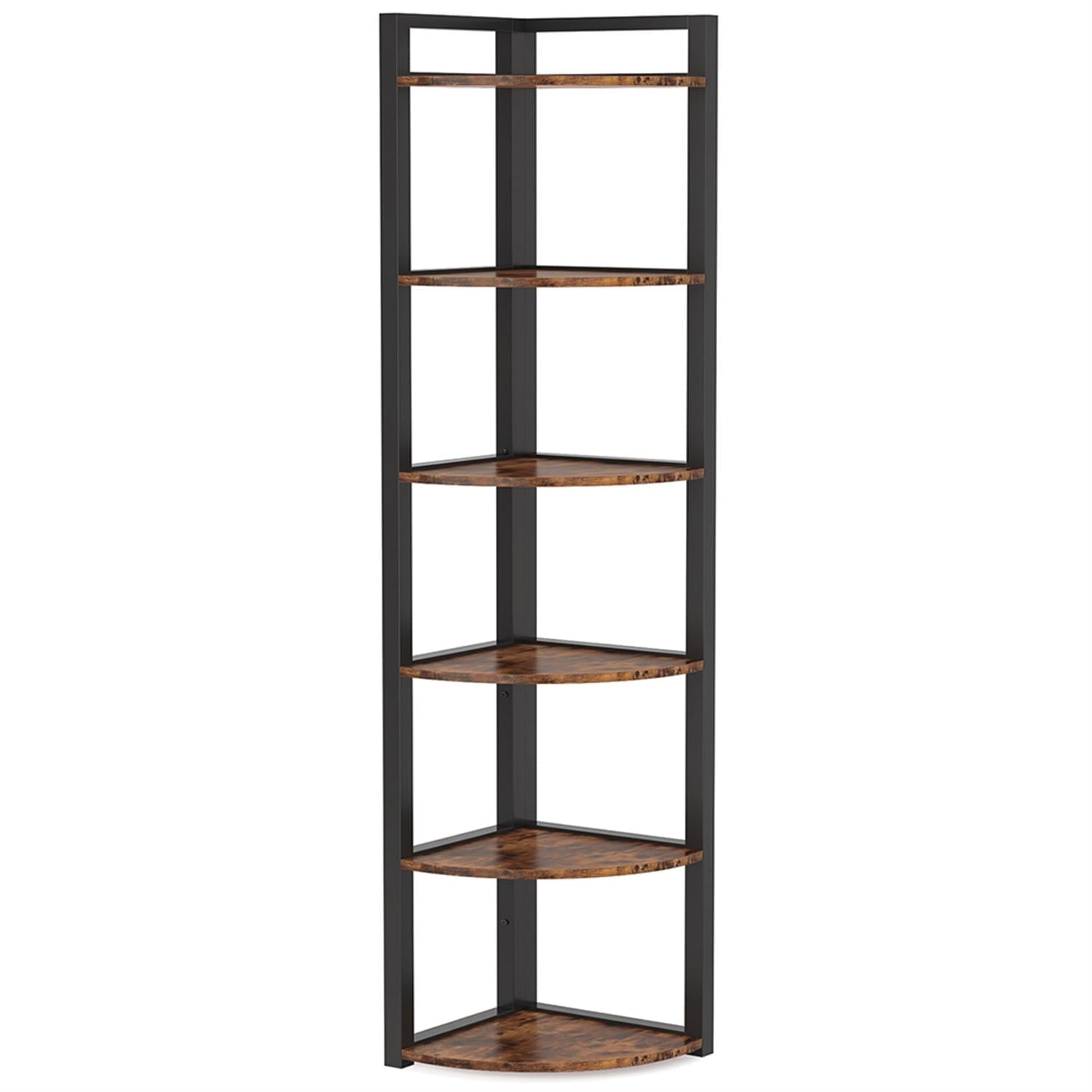 Demi Bonn 6 Tier Corner Bookshelf, Wood and Metal Bookcase Storage Organizer, 70" Tall Display Standing Shelf Unit for Bedroom, Living Room, Brown