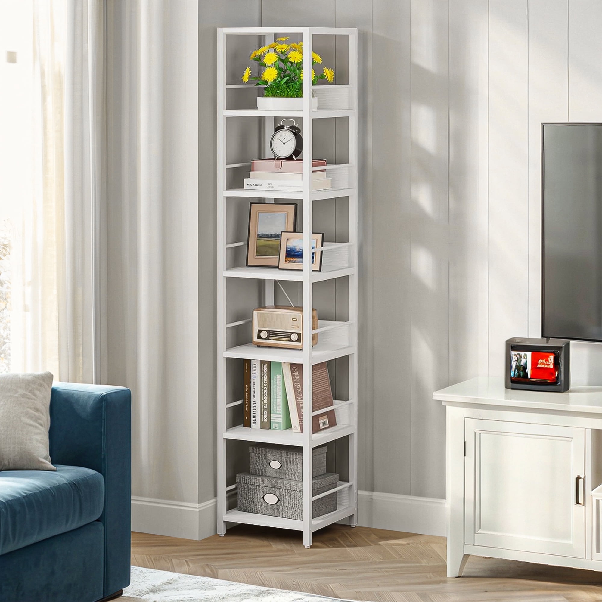 Demi Bonn 6-Tier Corner Shelf, 74" Narrow Etagere Bookshelf Storage Rack for Bedroom, Living Room, White