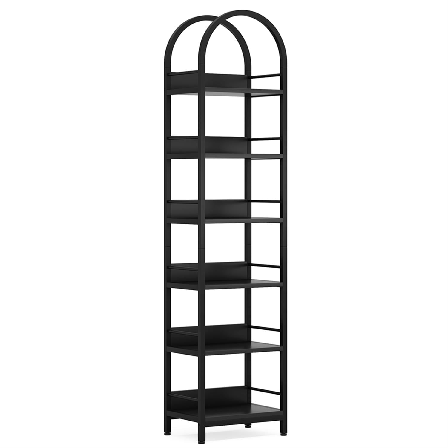 Demi Bonn 6 Tier Narrow Bookshelf, Wood and Metal Bookcase Storage Organizer, Arched Display Standing Shelf Unit for Bedroom, Living Room, Black
