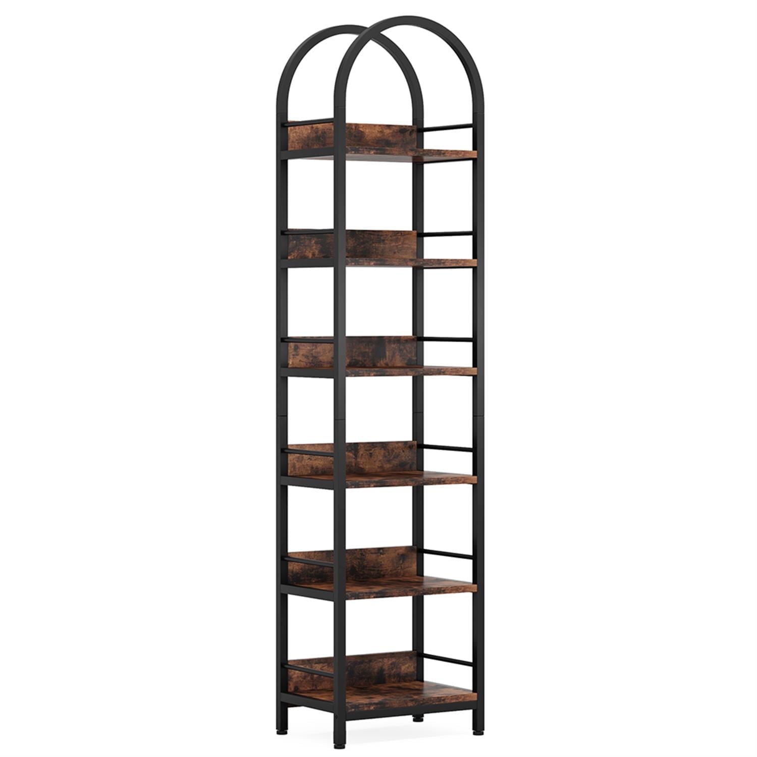Demi Bonn 6 Tier Narrow Bookshelf, Wood and Metal Bookcase Storage Organizer, Arched Display Standing Shelf Unit for Bedroom, Living Room, Brown