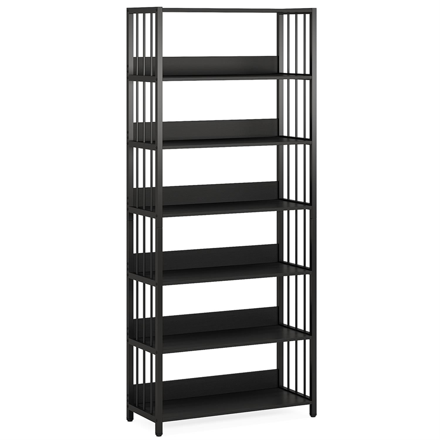 Demi Bonn 6-Tier Open Bookshelf, Wood and Metal Bookcase Storage Organizer, 74" Tall Vintage Display Standing Shelf Unit for Bedroom, Living Room, Black