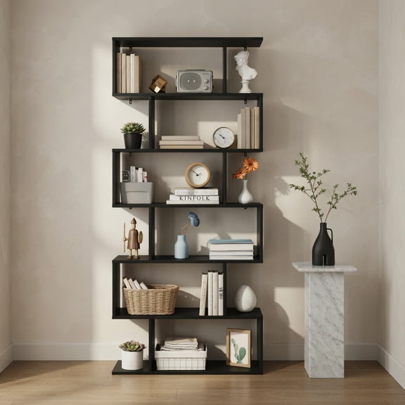 Demi Bonn 6 Tier S-Shaped Bookshelf Storage Display Bookcase Decor Z-Shelf, Black