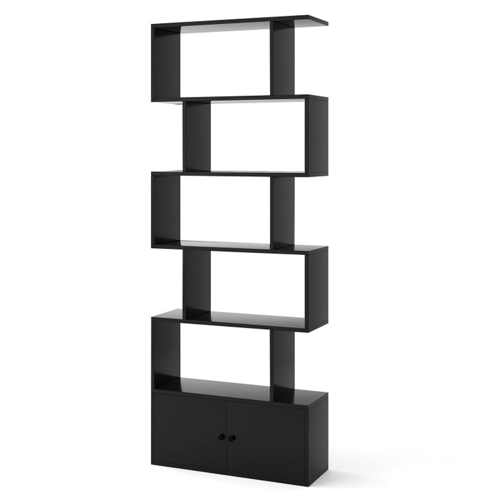 Finihen 6-Tier S-Shaped Freestanding Bookshelf, Bookcase with Storage Cabinet and Doors, Black