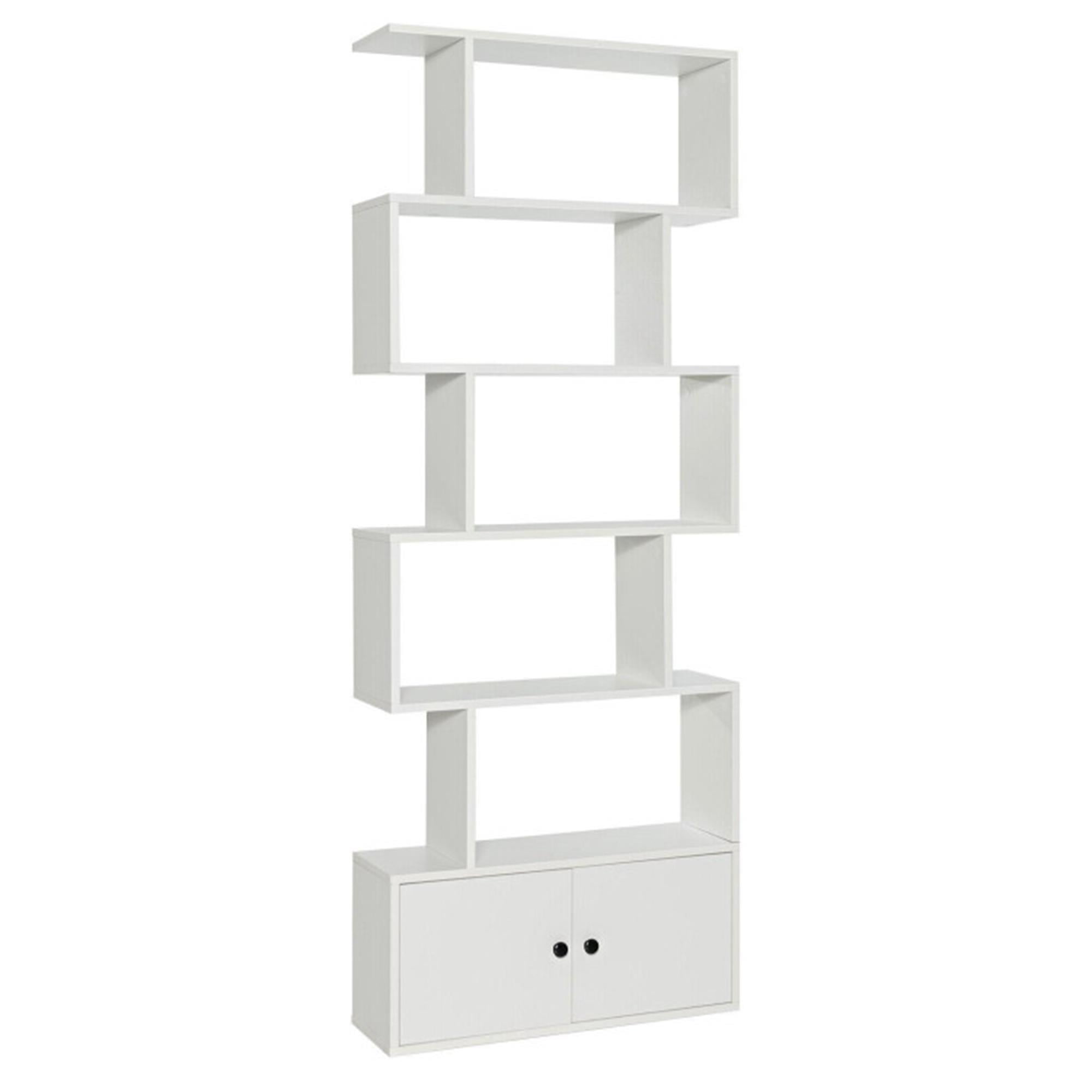 Finihen 6-Tier S-Shaped Freestanding Bookshelf, Bookcase with Storage Cabinet and Doors, White