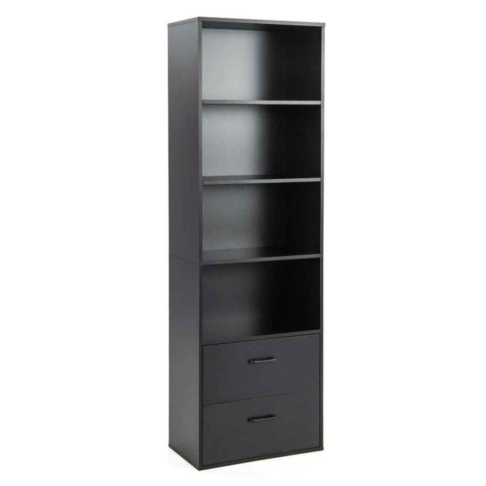 Finihen 6-Tier Tall Freestanding Bookcase with 4 Open Shelves and 2 Drawers, Black Finihen 6-Tier Tall Freestanding Bookcase with 4 Open Shelves and 2 Drawers, Black
