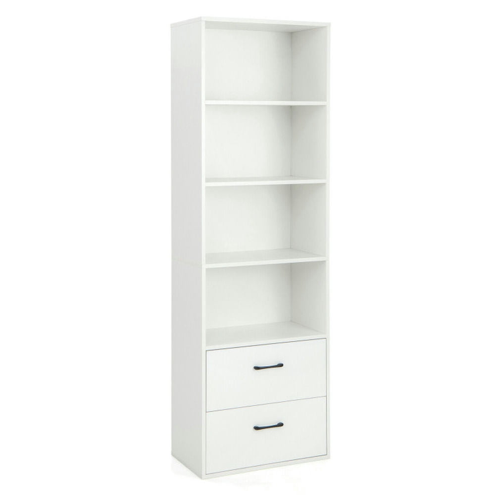 Finihen 6-Tier Tall Freestanding Bookcase with 4 Open Shelves and 2 Drawers, White Finihen 6-Tier Tall Freestanding Bookcase with 4 Open Shelves and 2 Drawers, White