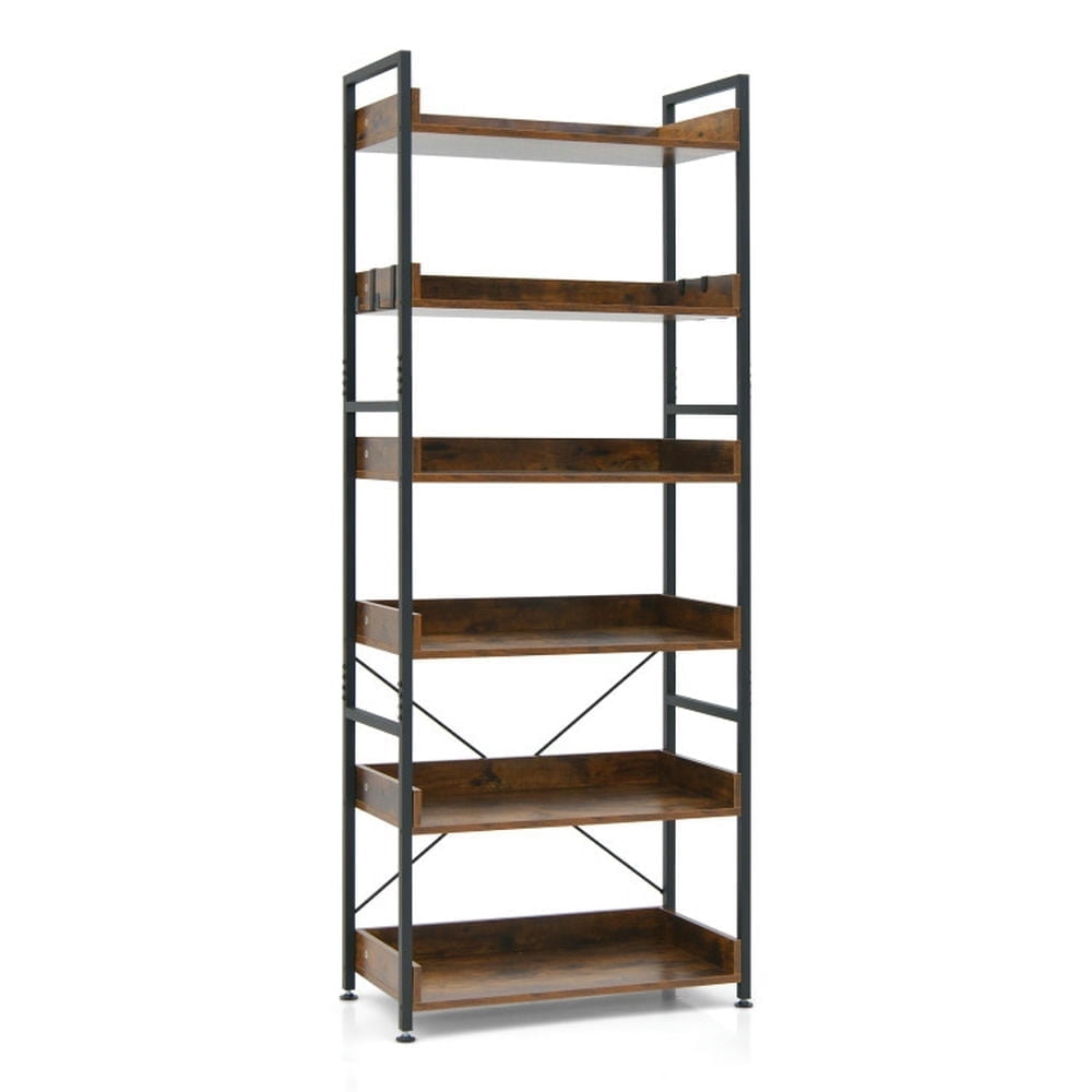 Demi Bonn 6-Tier Tall Industrial Bookshelf, Bookcase with Open Shelves and 4 Hooks, Brown