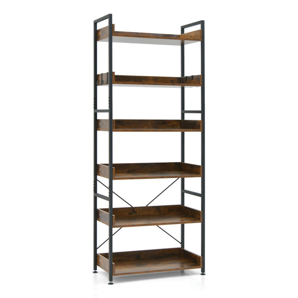 Finihen 6-Tier Tall Industrial Bookshelf, Bookcase with Open Shelves and 4 Hooks, Brown Finihen 6-Tier Tall Industrial Bookshelf, Bookcase with Open Shelves and 4 Hooks, Brown