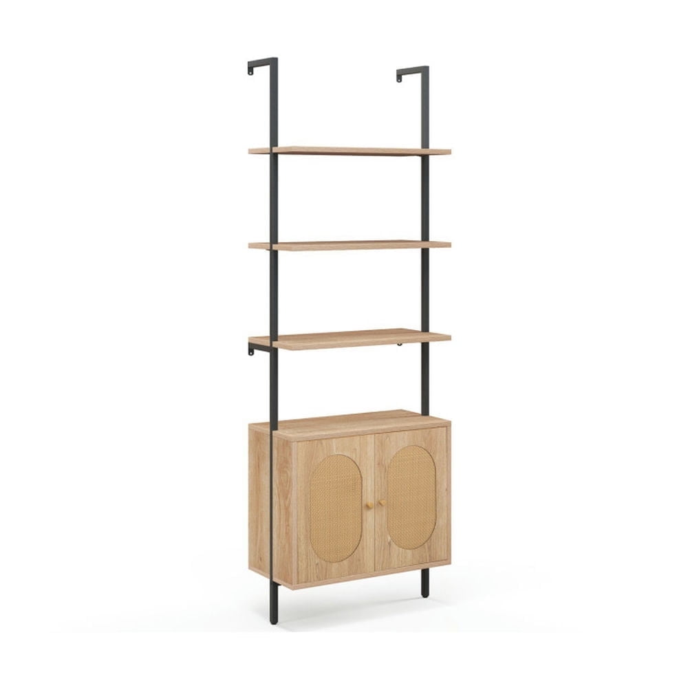 Demi Bonn 6-Tier Wall Mounted Ladder Bookshelf with Rattan Cabinet, 71" Free Standing Bookcase, Beige