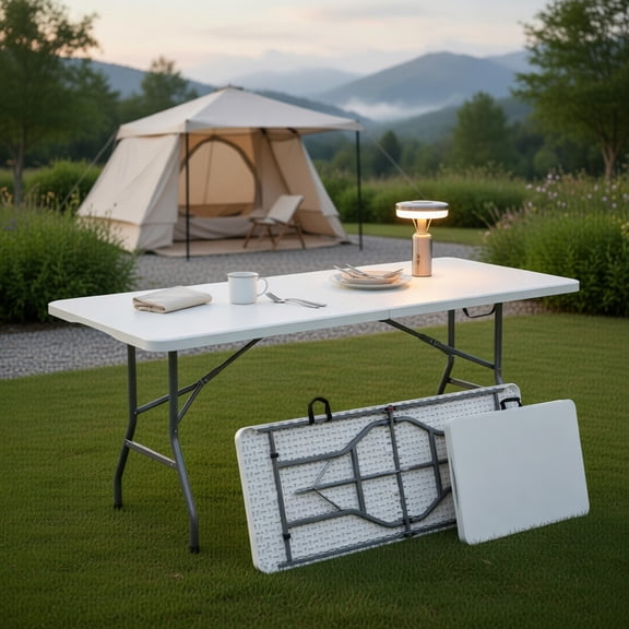 Demi Bonn 6 ft Portable Folding Table 350S Fold-in-Half Table with HDPE Tabletop for Parties Wedding BBQ Camping, White