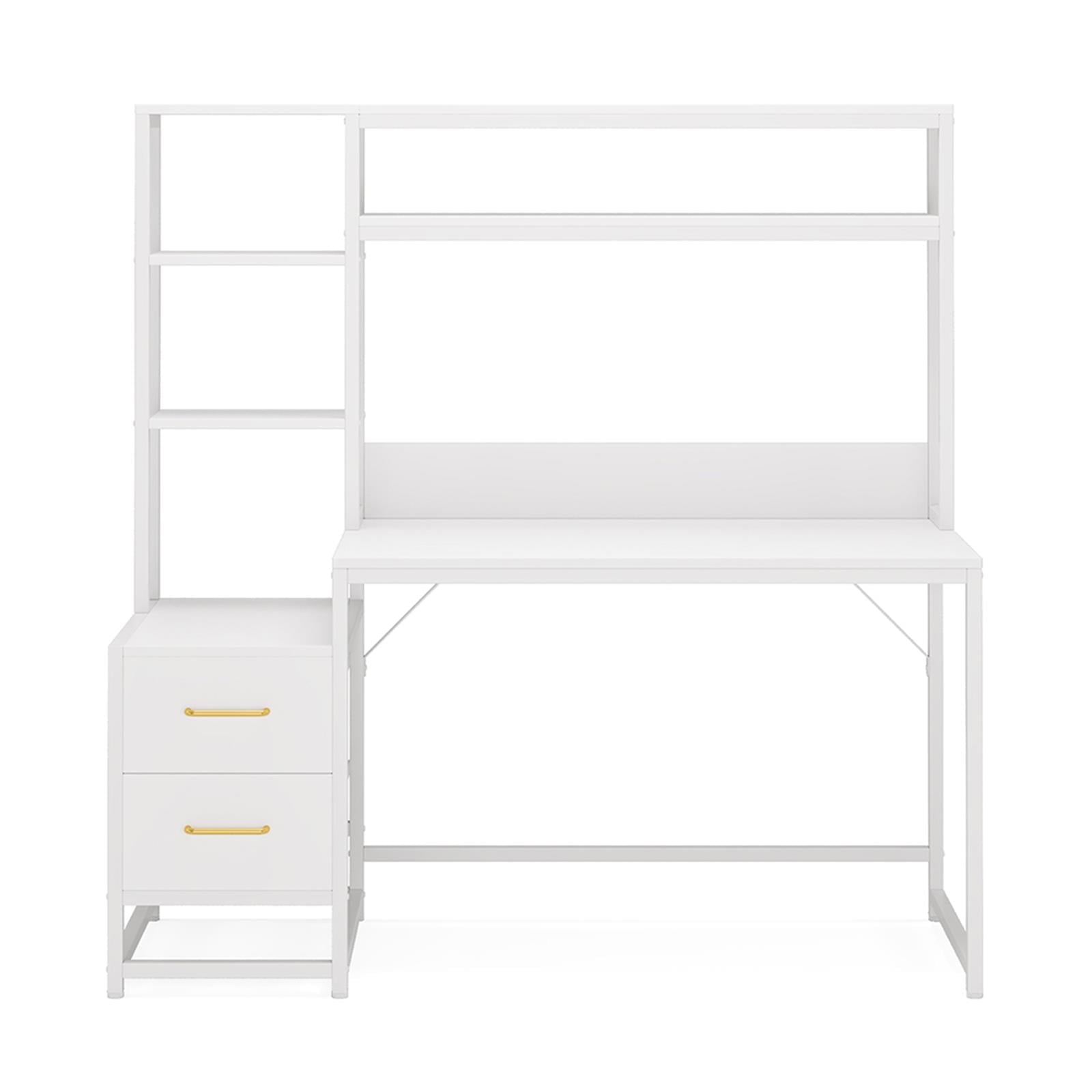 Demi Bonn 60" Computer Desk with 2 Drawers and Storage Shelves, Reversible L-Shaped Gaming Desk, Work Desk for Home Office, Study, Living Room, White