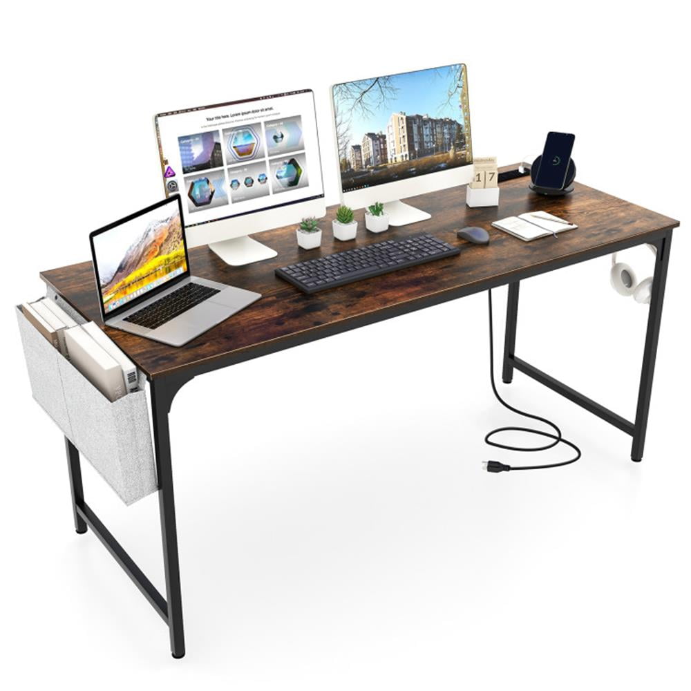 Finihen 60" Computer Desk with Charging Station Storage Bag, Small Home Office Desk Study Writing Table, Brown Finihen 60" Computer Desk with Charging Station Storage Bag, Small Home Office Desk Study Writing Table, Brown