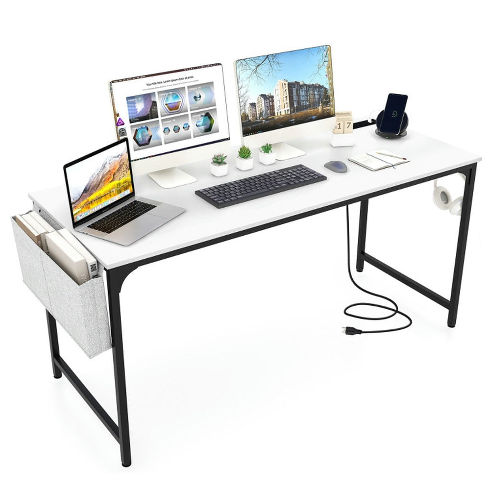 Finihen 60" Computer Desk with Charging Station Storage Bag, Small Home Office Desk Study Writing Table, White