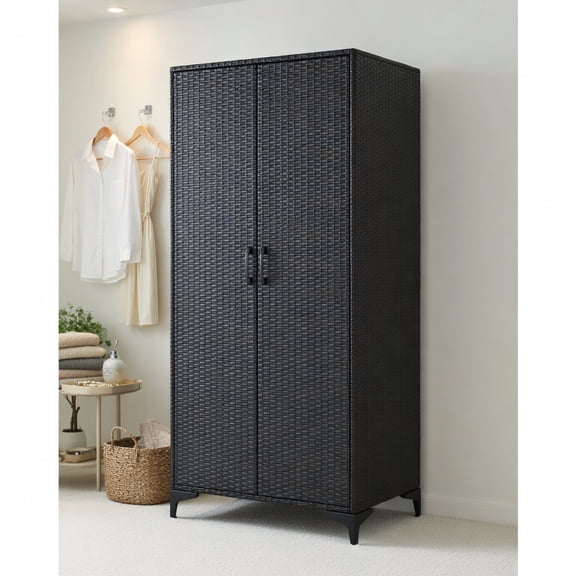 Demi Bonn 62" Wicker Wardrobe with 2 Doors, PE Rattan Closet with Hanging Rod, Freestanding Storage Cabinet, Black