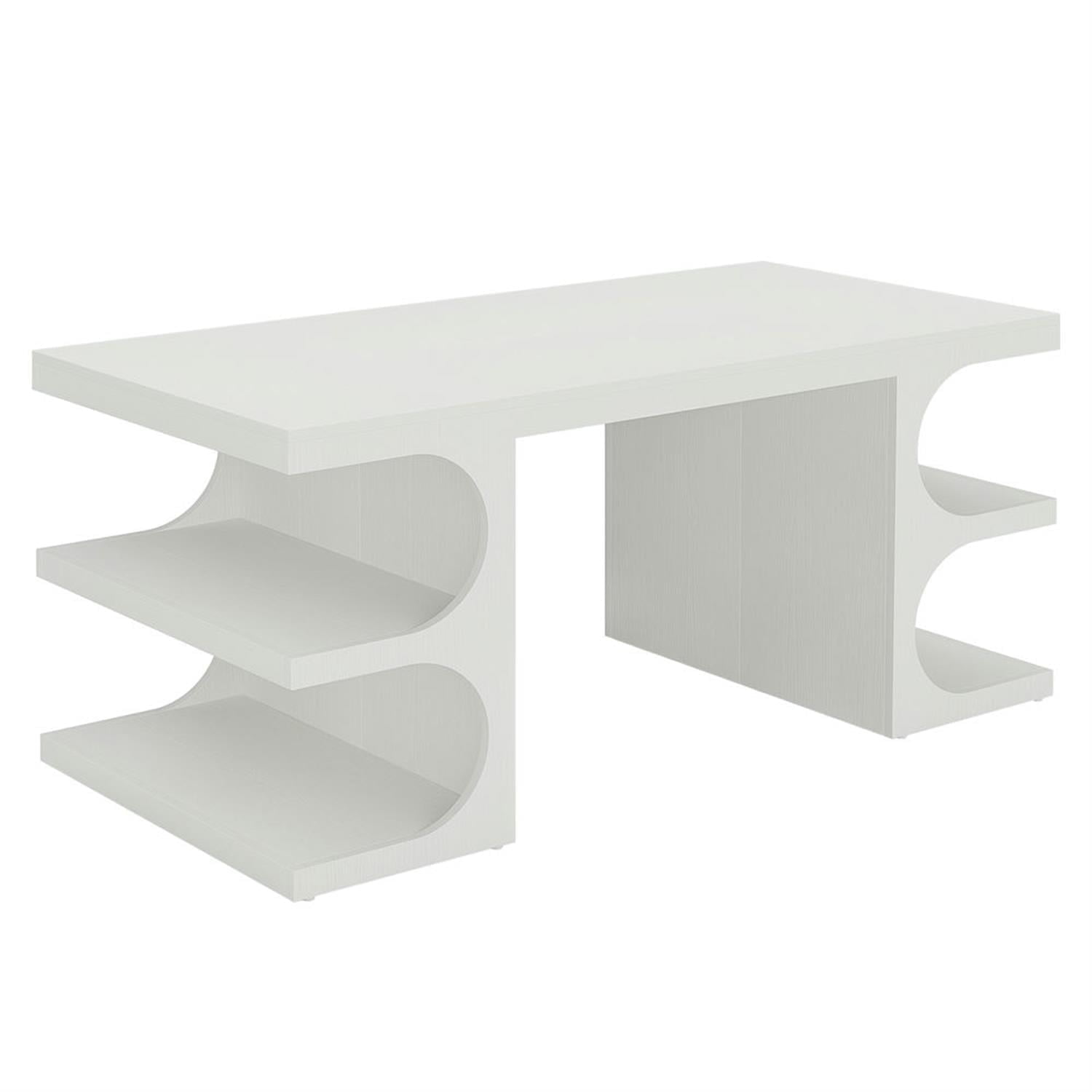 Demi Bonn 62" Wood Executive Computer Desk with Storage Shelves, Modern Duty Study Writing Gaming Table for Home Office, Rectangle Workstation, White