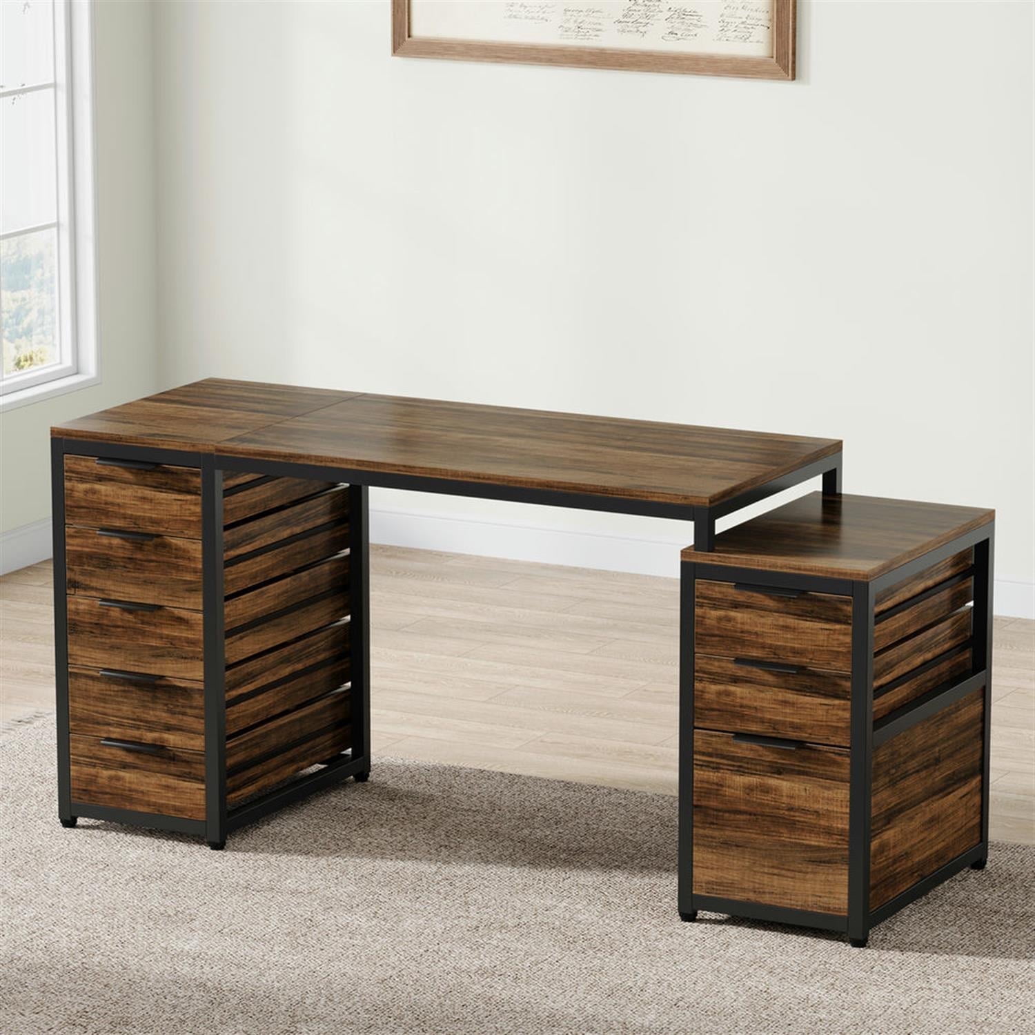 Demi Bonn 63" Computer Desk with File Cabinet and Storage Drawers, Modern Study Writing Gaming Table for Home Office, Brown