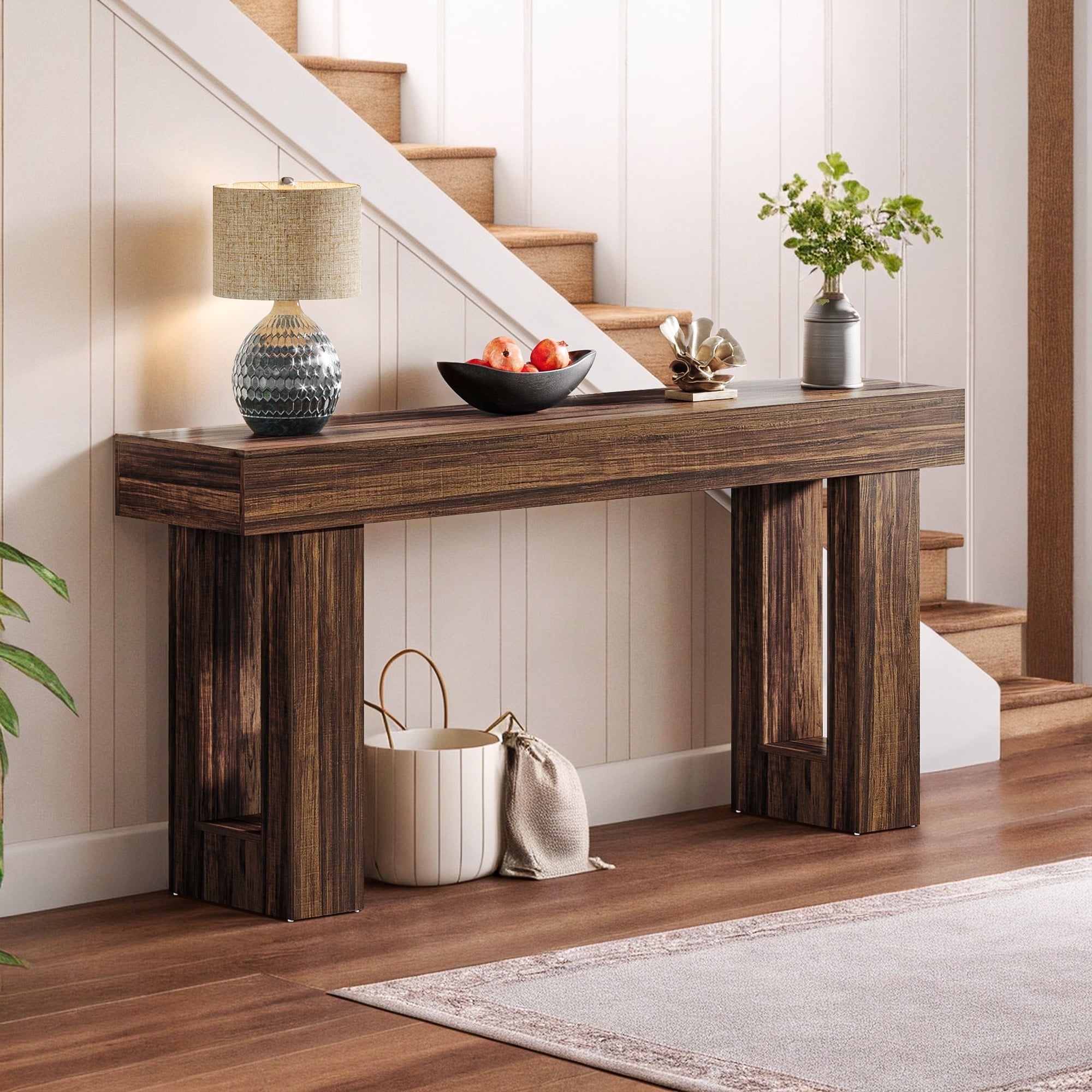 Demi Bonn 63" Console Table, Farmhouse Wooden Sofa Table Entryway Table for Hallway, Entrance, Living Room, Bedroom, Brown