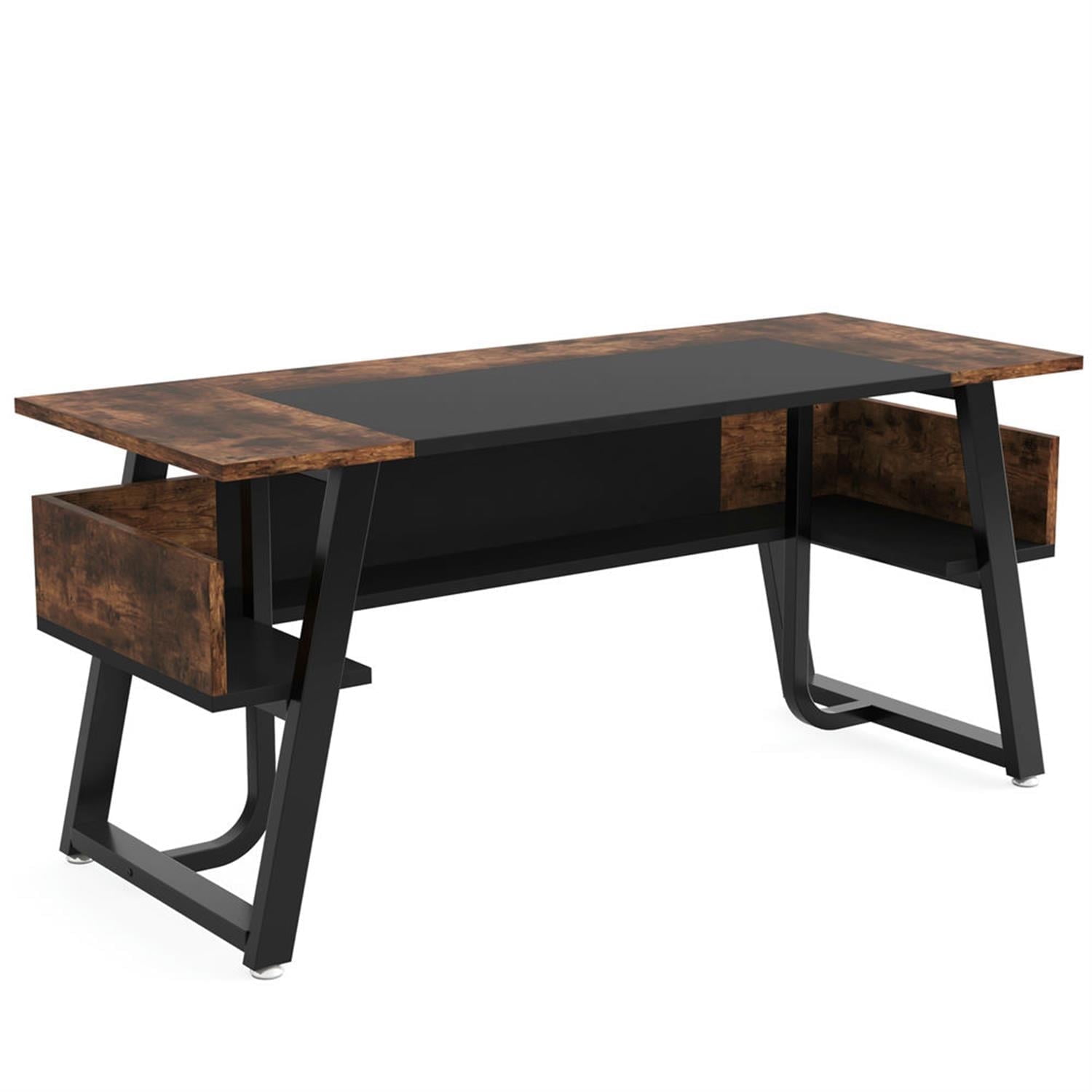 Demi Bonn 63" Executive Computer Desk with Storage Shelf,dustrial Study Writing Gaming Table for Home Office, Brown