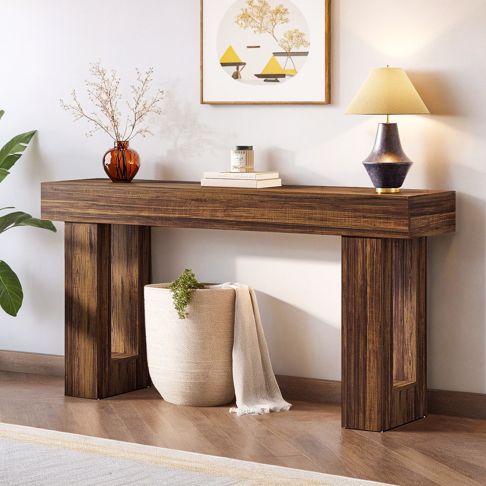 63-Inch Rustic Brown Wooden Console Table with Storage