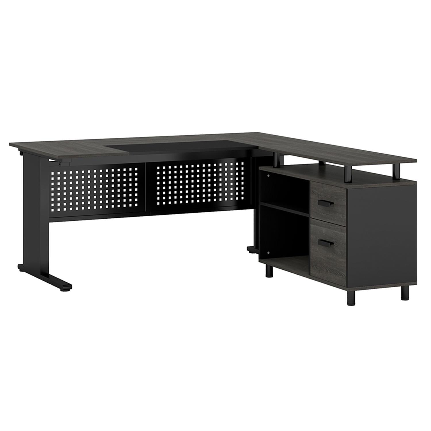Demi Bonn 63" L-Shaped Computer Desk with File Cabinet and 2 Drawers, Corner Office Desk Study/Writing Table for Home Office Gaming, Gray & Black