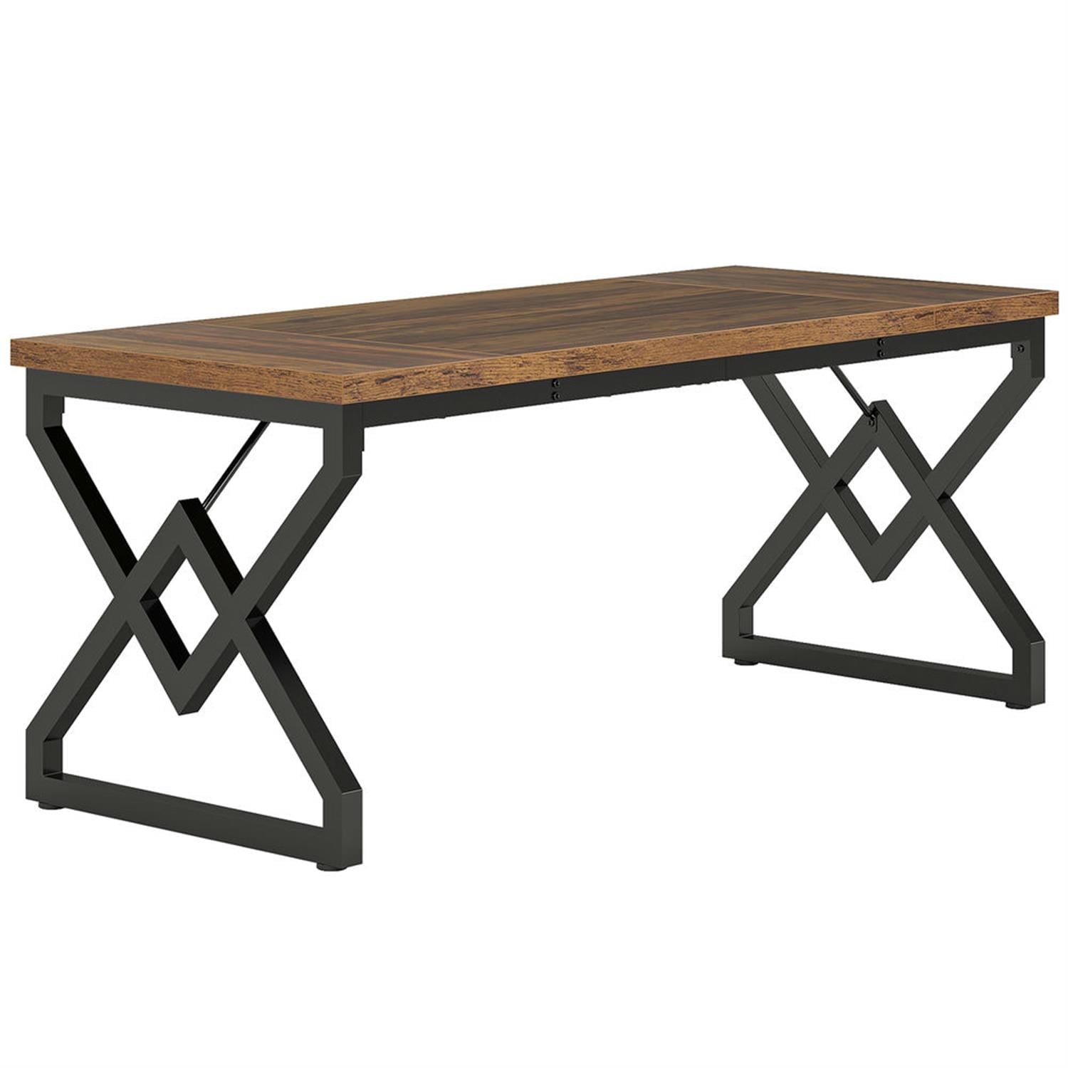 Demi Bonn 63" Large Executive Computer Desk with Metal Frame, Modern Duty Study Writing Gaming Table for Home Office, Brown & Black