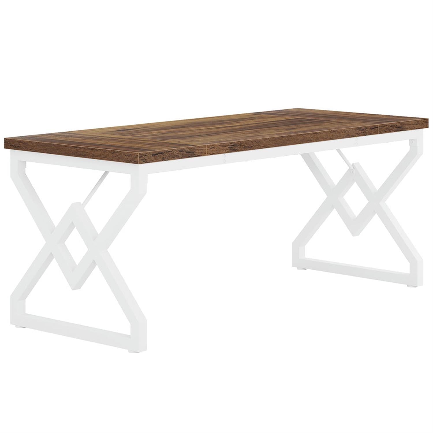 Demi Bonn 63" Large Executive Computer Desk with Metal Frame, Modern Duty Study Writing Gaming Table for Home Office, Brown & White