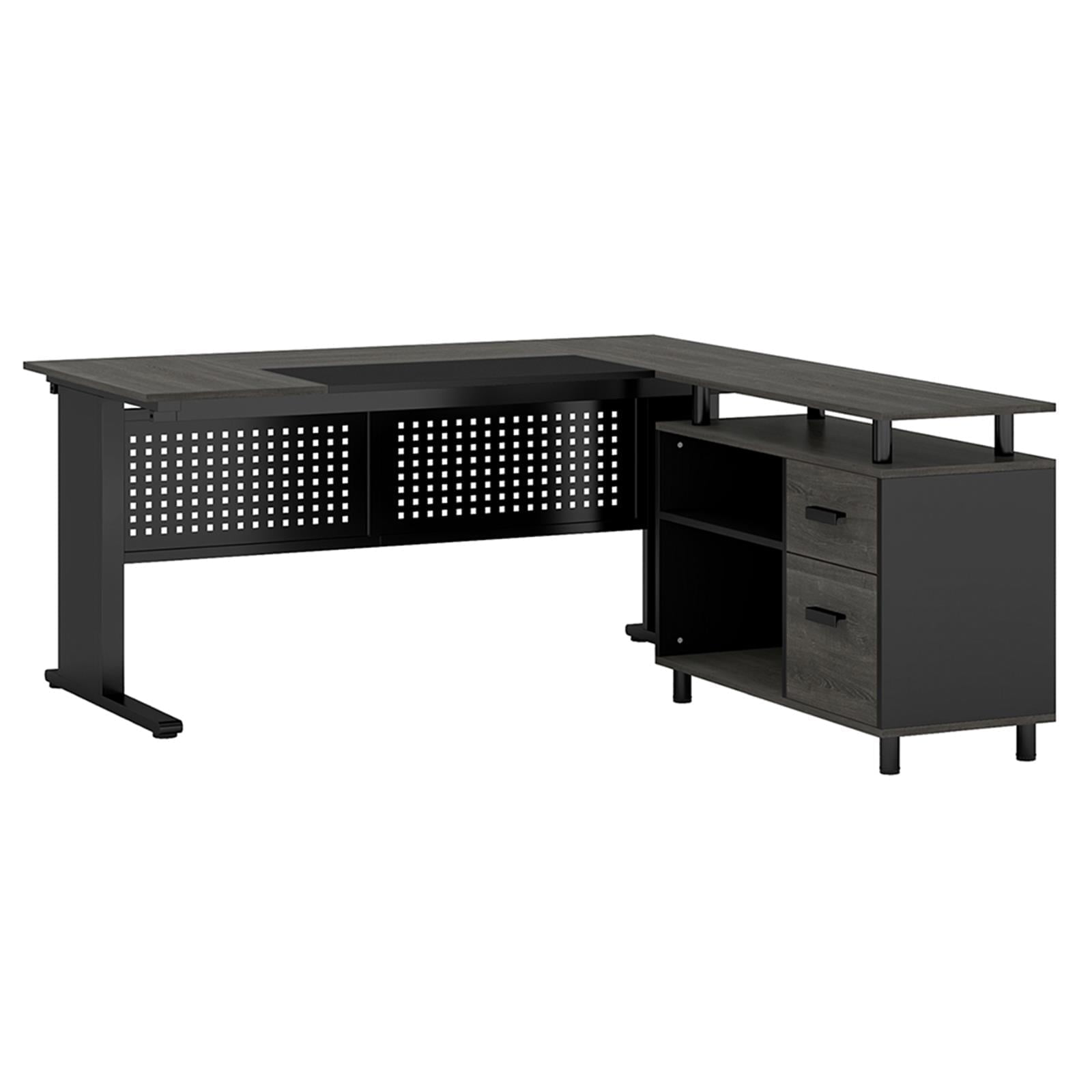 Demi Bonn 63" Modern Large Computer Desk with File Cabinet, Industrial L-Shaped Executive Desk, Study Work Desk for Home Office, Study, Living Room, Black