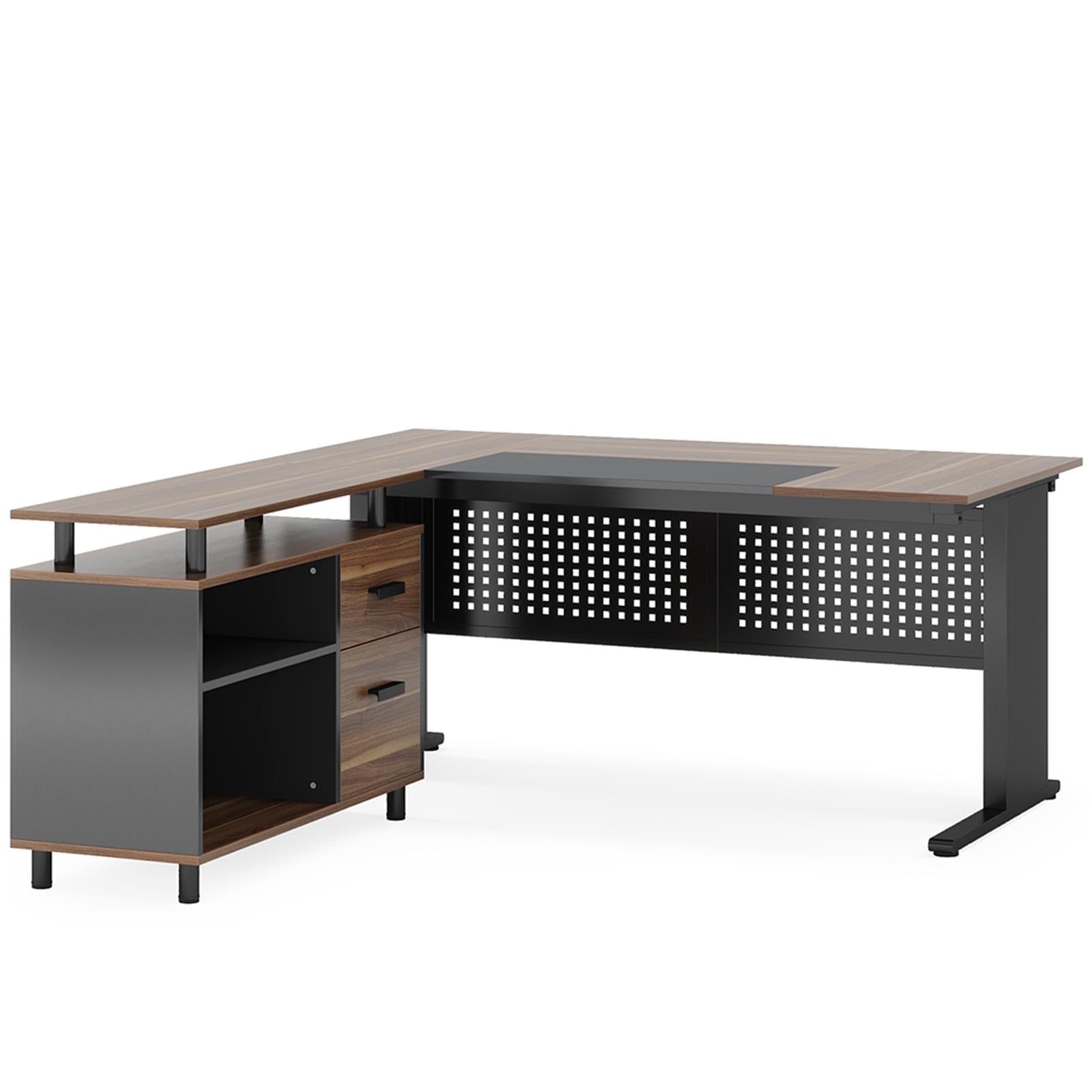 Demi Bonn 63" Modern Large Computer Desk with File Cabinet, Industrial L-Shaped Executive Desk, Study Work Desk for Home Office, Study, Living Room, Brown