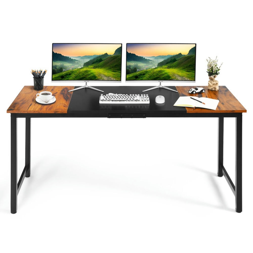 Finihen 63" Modern Splice Computer Desk with Heavy Duty Steel Frame, Small Home Office Desk Study Writing Table, Brown Finihen 63" Modern Splice Computer Desk with Heavy Duty Steel Frame, Small Home Office Desk Study Writing Table, Brown