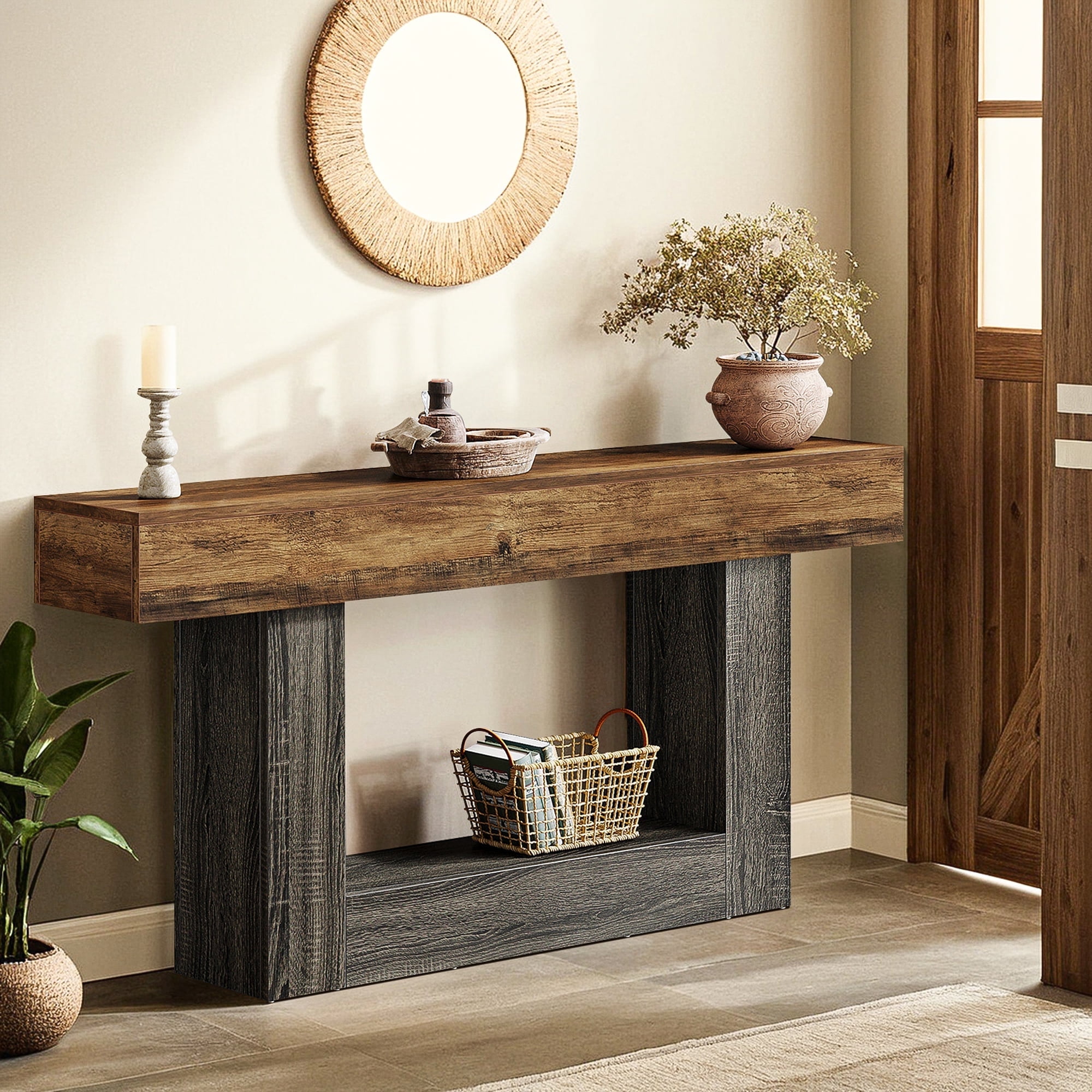 Demi Bonn 63" Wood Console Table, Farmhouse 2-Tier Sofa Table Entryway Table, Foyer Display Table, Brown + Gray