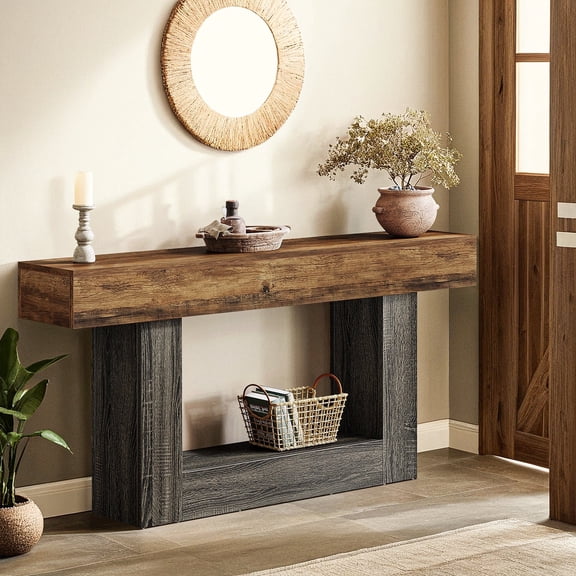 Demi Bonn 63" Wood Console Table, Farmhouse 2-Tier Sofa Table Entryway Table, Foyer Display Table, Brown + Gray