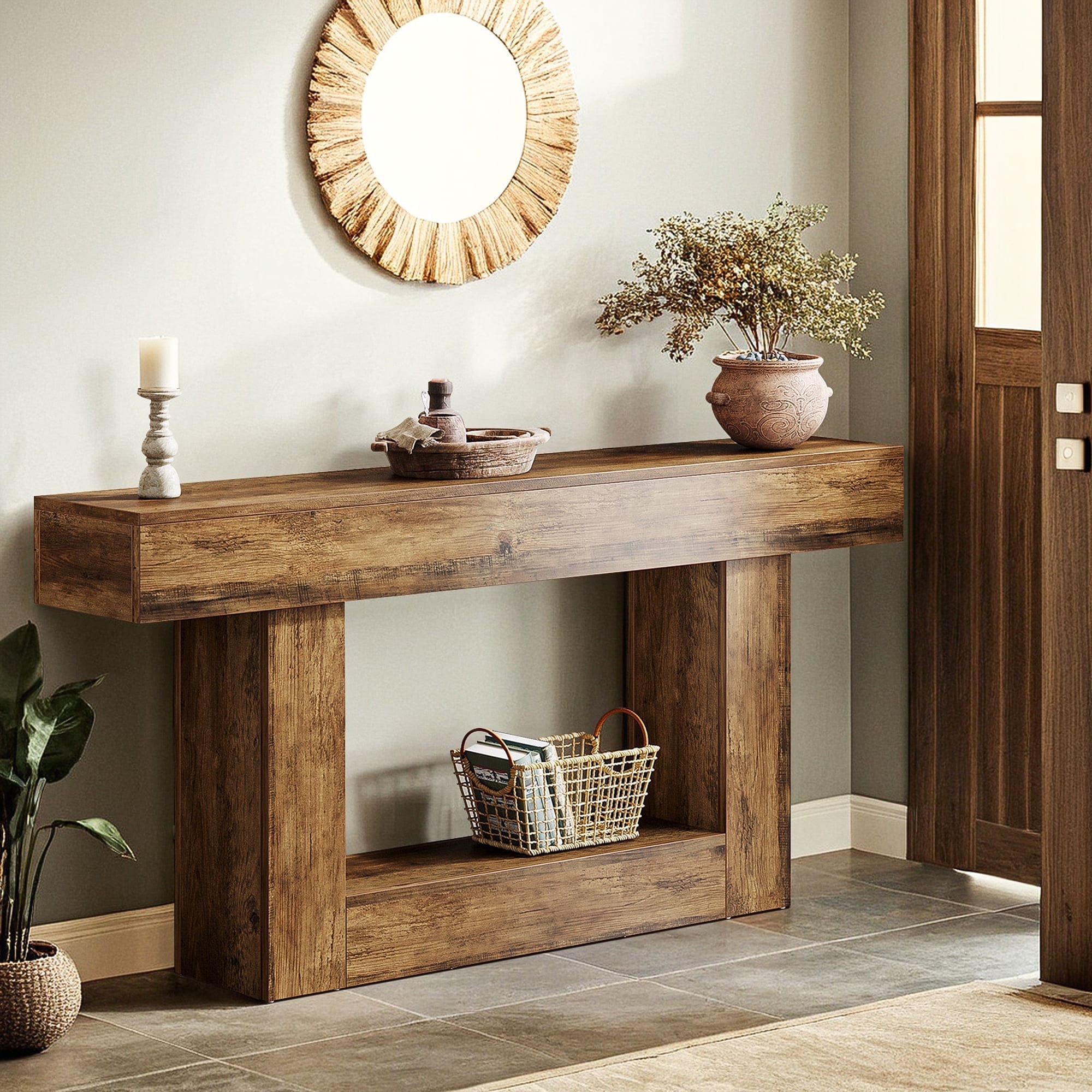 Demi Bonn 63" Wood Console Table, Farmhouse 2-Tier Sofa Table Entryway Table, Foyer Display Table, Brown