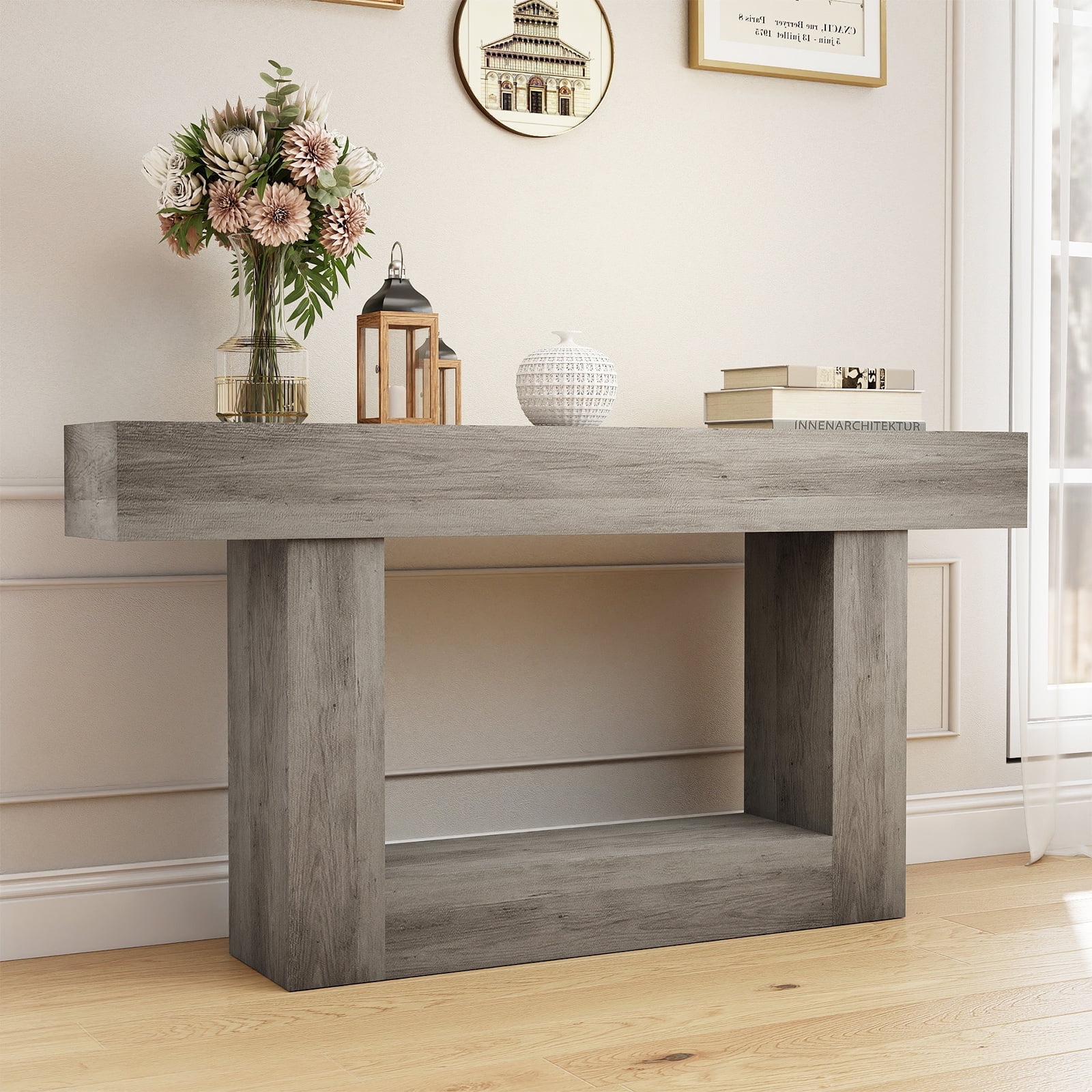 Demi Bonn 63" Wood Console Table, Farmhouse 2-Tier Sofa Table Entryway Table, Foyer Display Table, Gray