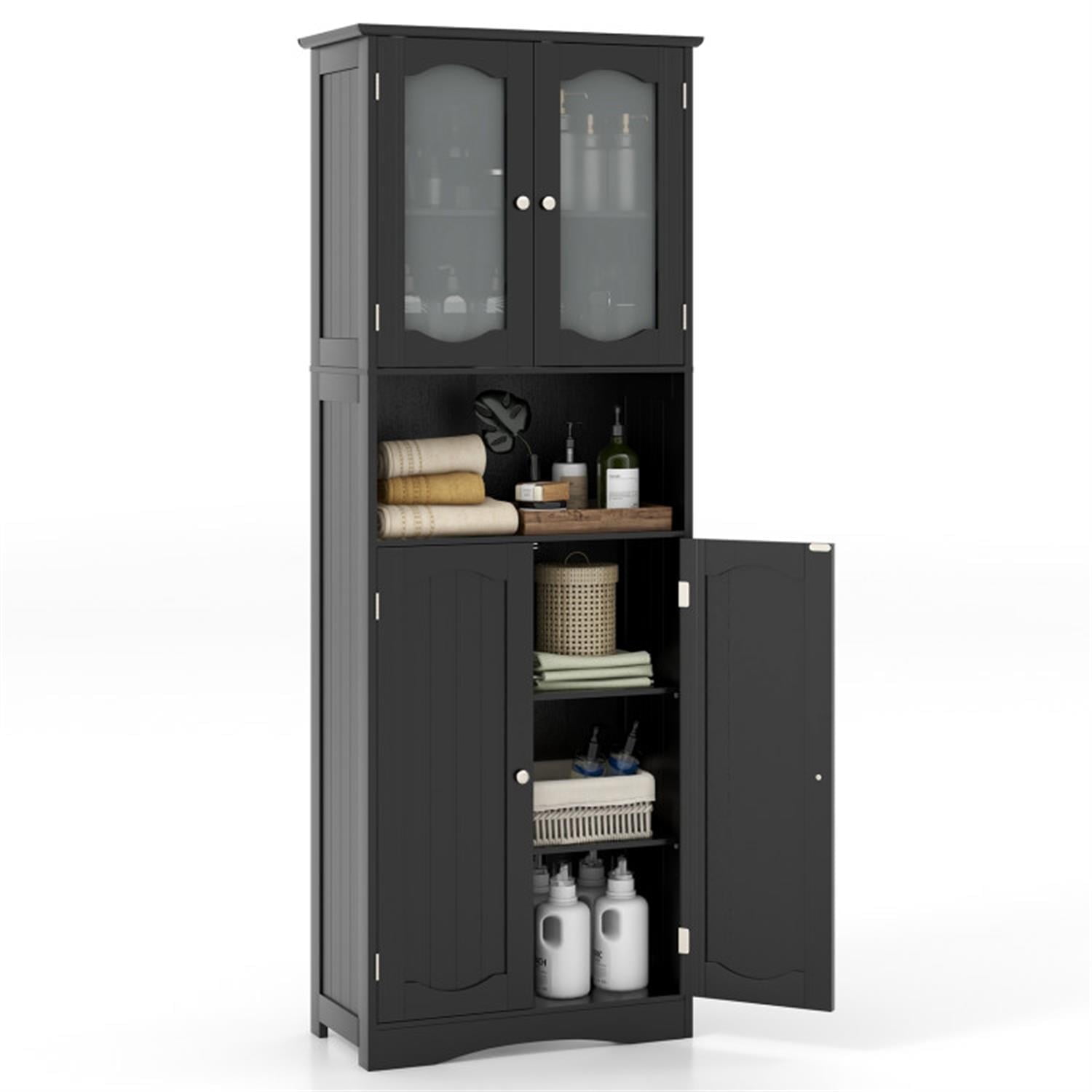Demi Bonn 64.5" Tall Freestanding Bathroom Storage Cabinet with Frost Glass Doors and Shelves, Pantry Cabinets, Black