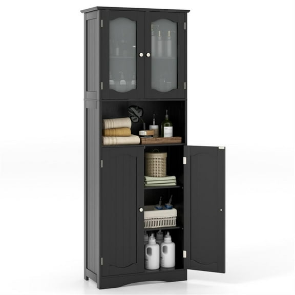 Demi Bonn 64.5" Tall Freestanding Bathroom Storage Cabinet with Frost Glass Doors and Shelves, Pantry Cabinets, Black