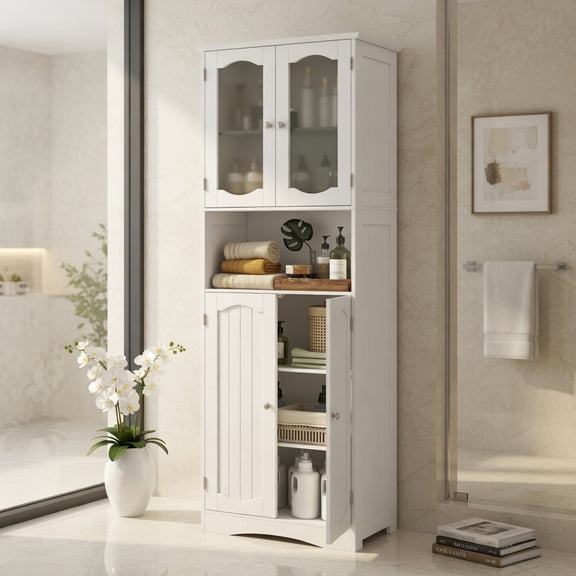 Demi Bonn 64.5" Tall Freestanding Bathroom Storage Cabinet with Frost Glass Doors and Shelves, Pantry Cabinets, White