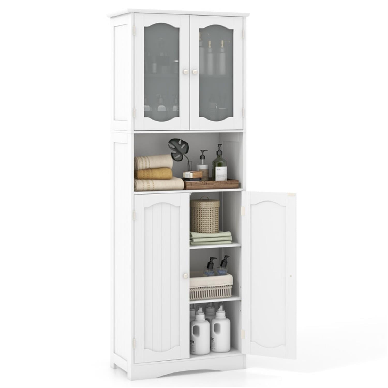 Demi Bonn 64.5" Tall Freestanding Bathroom Storage Cabinet with Frost Glass Doors and Shelves, Pantry Cabinets, White