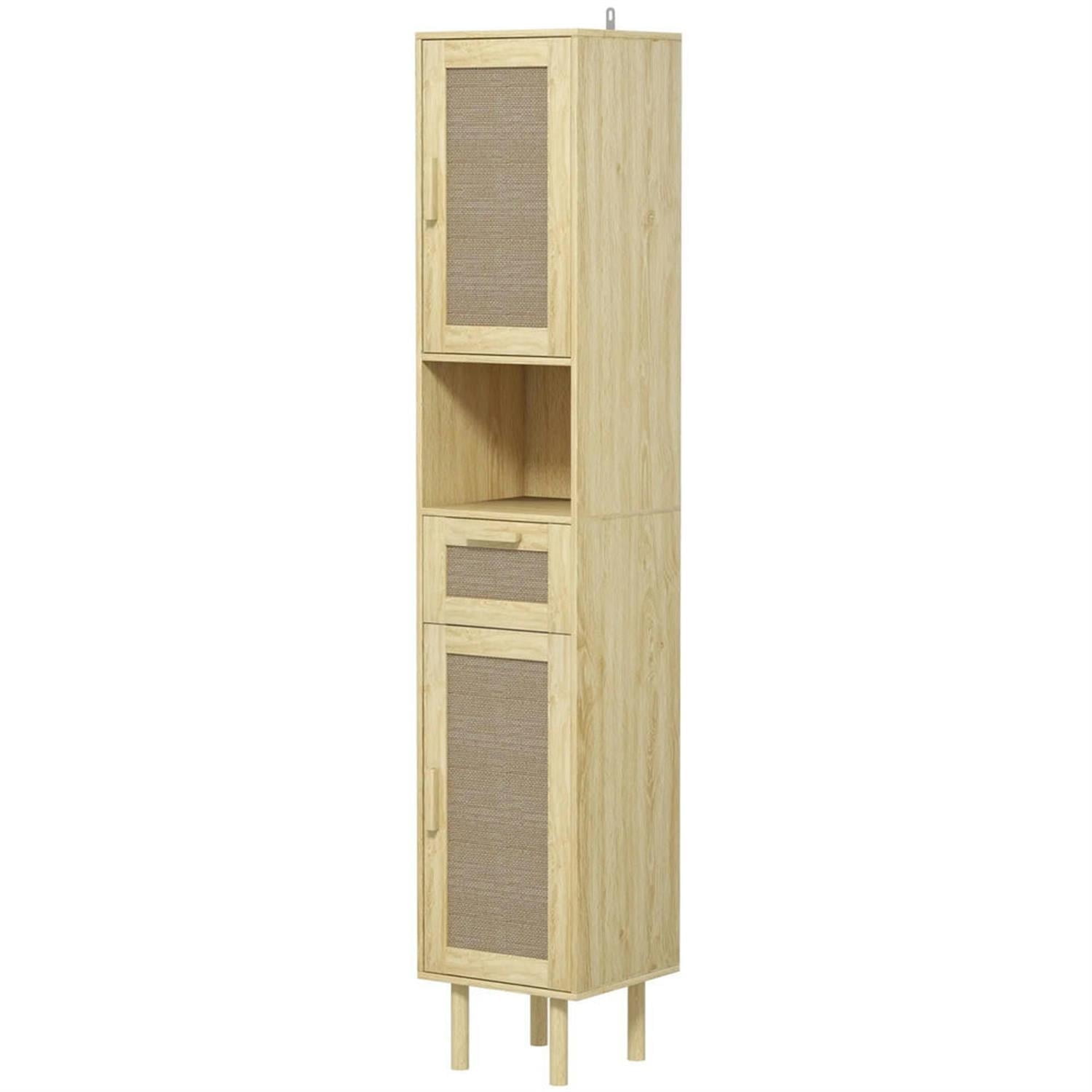Demi Bonn 67" Tall Bathroom Storage Cabinet, Freestanding Cabinet with Rattan Drawer and Door for Living Room, Kitchen, Dining Room, Office, Beige