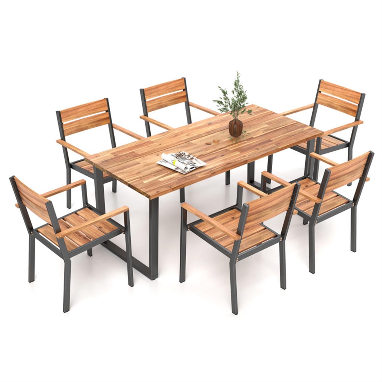 Demi Bonn 7 Pieces Acacia Wood Furniture Patio Outdoor Dining Set with Metal Frame and 2ches Umbrella Hole for Balcony Patio Garden Poolside, Brown