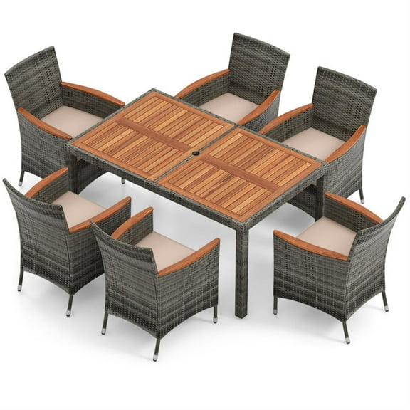 Demi Bonn 7 Pieces Patio Furniture Set, Cushioned PE Rattan Wicker Acacia Wood Dining Set with Umbrella Hole, Conversation Dining for Garden Poolside Balcony, Gray
