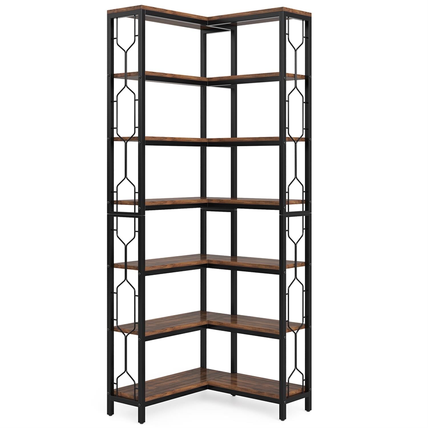 Demi Bonn 7 Tier Corner Bookshelf, Wood and Metal Bookcase Storage Organizer,dustrial Display Standing Shelf Unit for Bedroom, Living Room, Brown