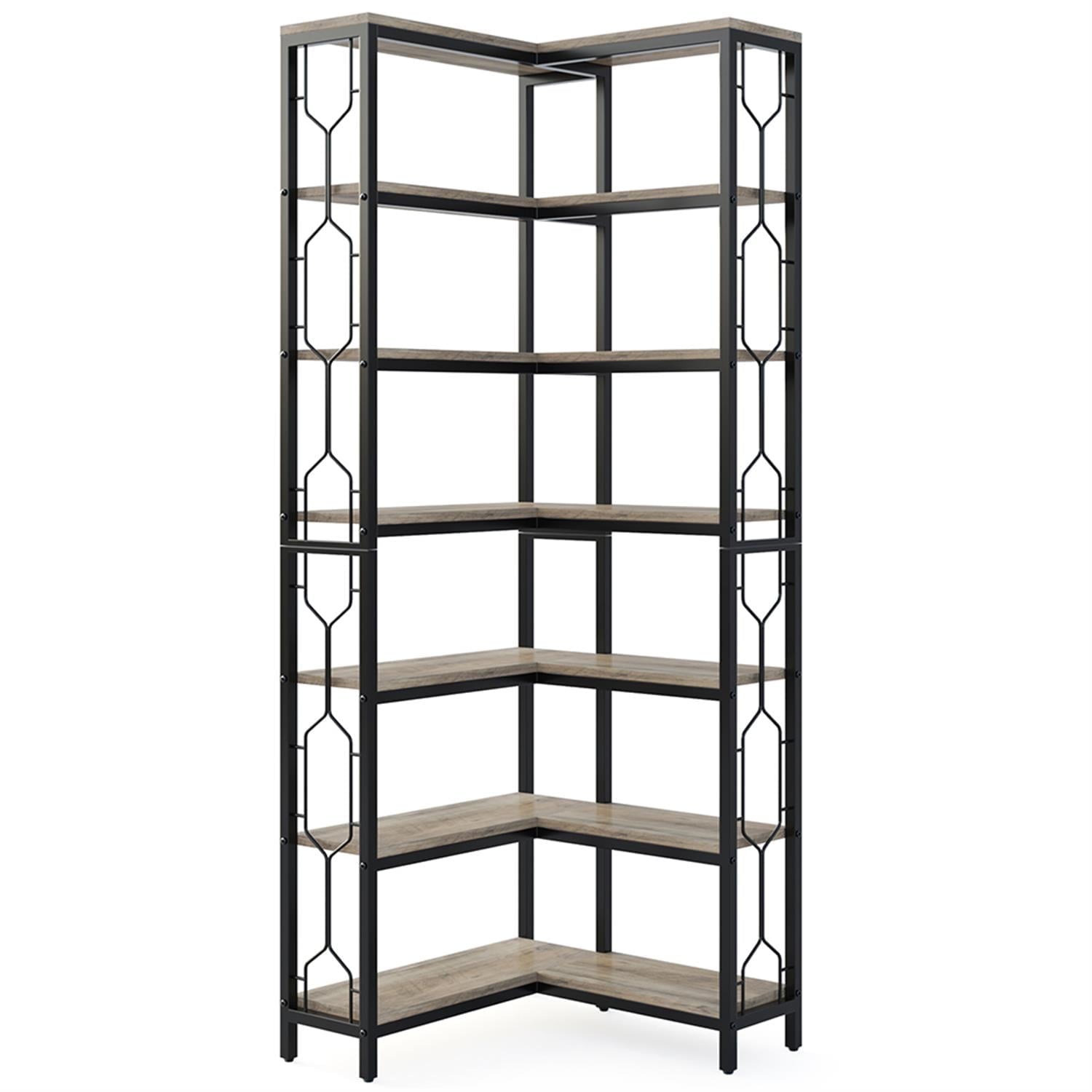 Demi Bonn 7 Tier Corner Bookshelf, Wood and Metal Bookcase Storage Organizer,dustrial Display Standing Shelf Unit for Bedroom, Living Room, Gray