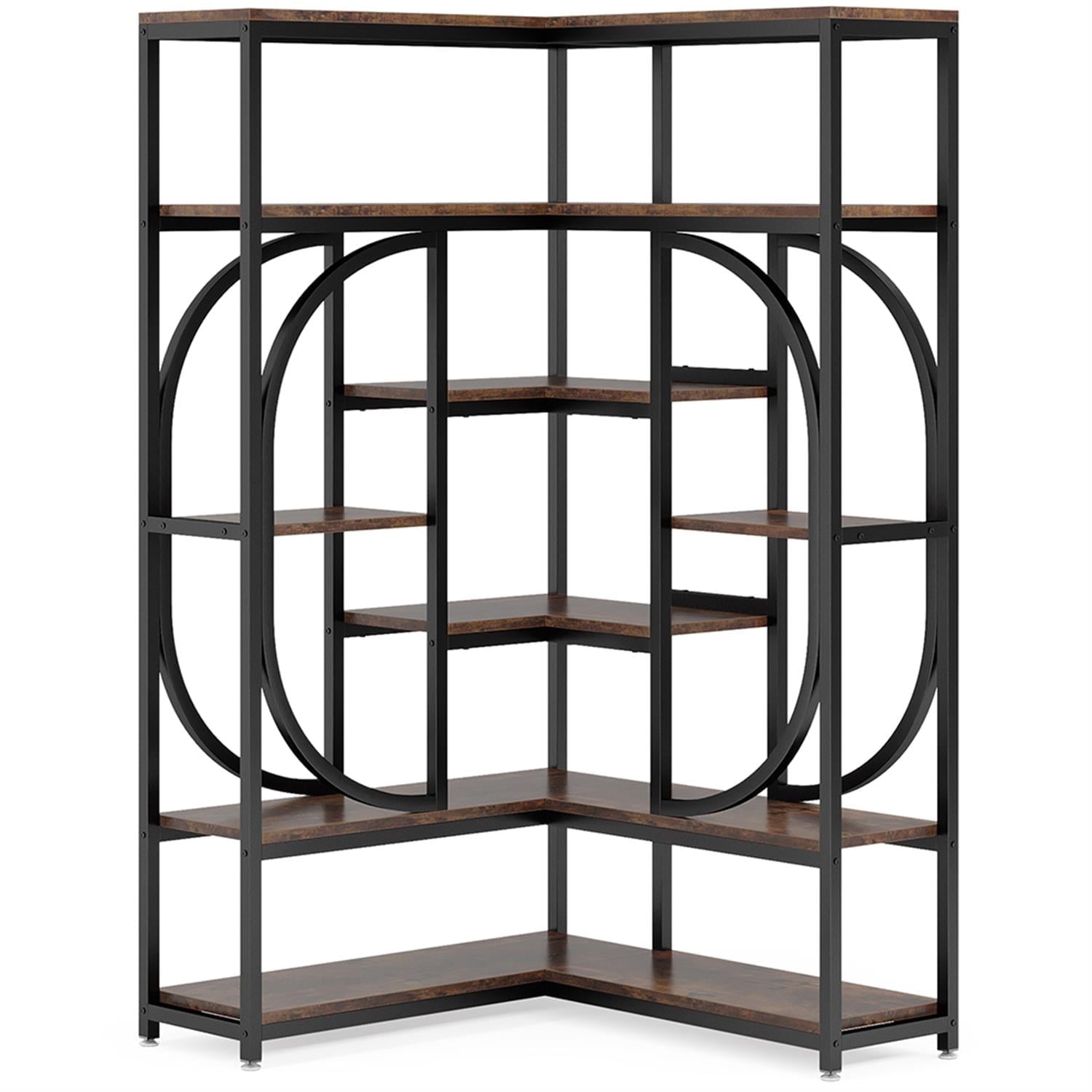 Demi Bonn 7 Tier Corner Bookshelf, Wood and Metal Bookcase Storage Organizer, L-Shaped Display Standing Shelf Unit for Bedroom, Living Room, Brown