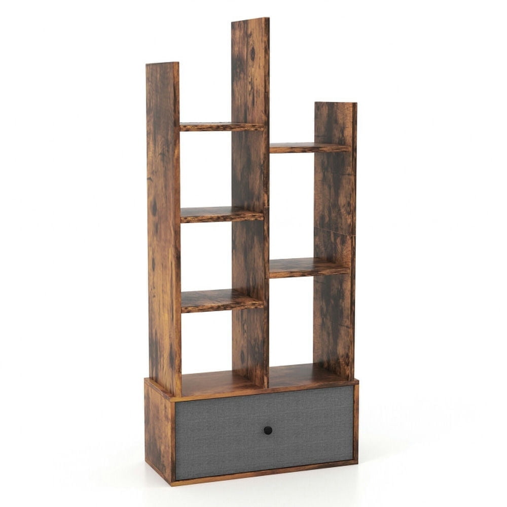 Demi Bonn 7-Tier Open-Back Bookshelf with Drawer, Space-Saving Storage Rack Bookcase, Brown