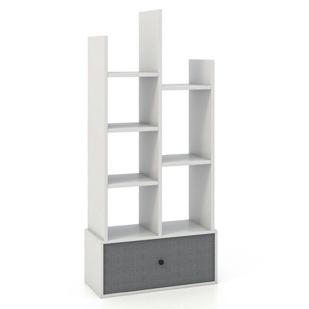 Demi Bonn 7-Tier Open-Back Bookshelf with Drawer, Space-Saving Storage Rack Bookcase, White